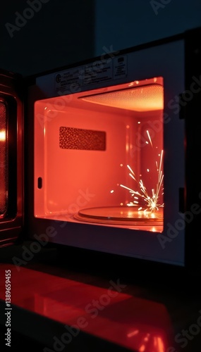 Broken microwave oven door, sparking interior, wiring, kitchen