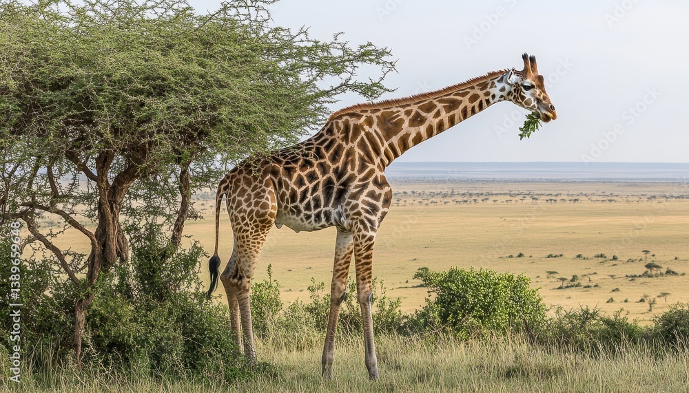 Giraffe Eating Green Leaves in Savanna Landscape with Trees in Daylight a Wildlife Scene in the African Wilderness Offering Scenic Natural Beauty Giraffe Eating Green Leaves in Savanna Landscape with Trees in Daylight a Wildlife Scene in the African Wilderness Offering Scenic Natural Beauty