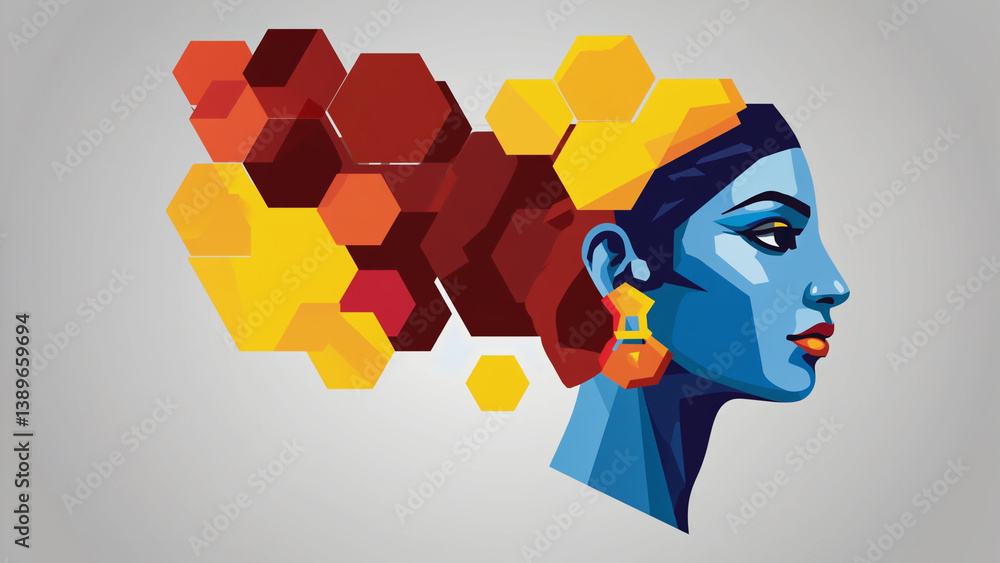 A woman's face with geometric patterns in the background, suitable for use in designs about technology, innovation or futuristic themes