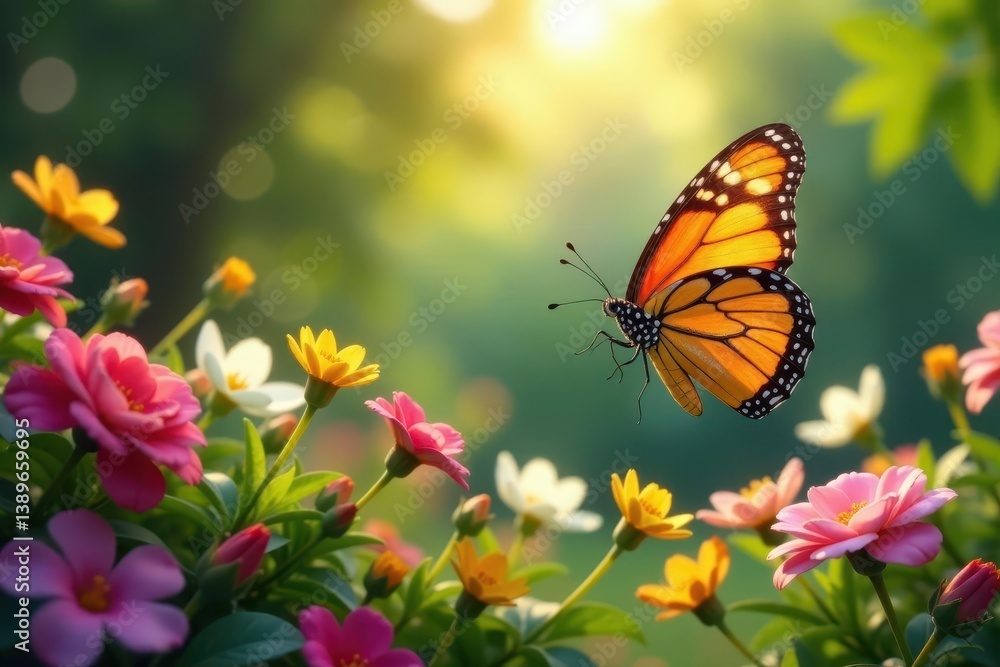 Elegant wedding butterflies released in a garden , happy, green Elegant wedding butterflies released in a garden , happy, green