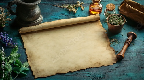 Vintage apothecary sympathy card herb illustrations and mortarpestle motif blank script area on aged parchment