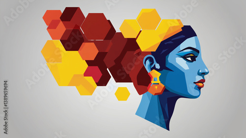 Obraz na płótnie A woman's face with geometric patterns in the background, suitable for use in designs about technology, innovation or futuristic themes w salonie