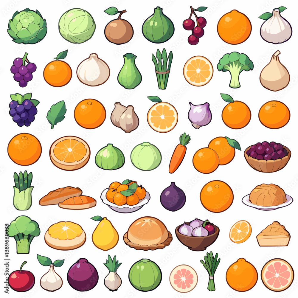 Flat colorful fruits and vegetables icons with clean outline details Flat colorful fruits and vegetables icons with clean outline details