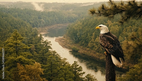Bald Eagle Perched on a Tree Overlooking a Calm River Valley Surrounded by Lush Green Forest and Hills in Soft Natural Light on Sunny Day