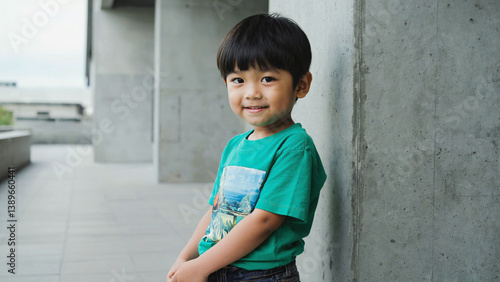 A young boy stands next to a concrete wall, looking out at the viewer