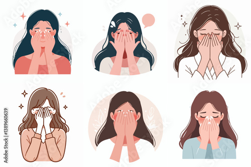 vector of a woman smiling shyly with her hands covering her face