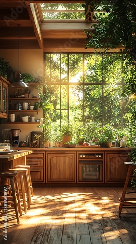 Sunlit kitchen window with plants high resolution picture