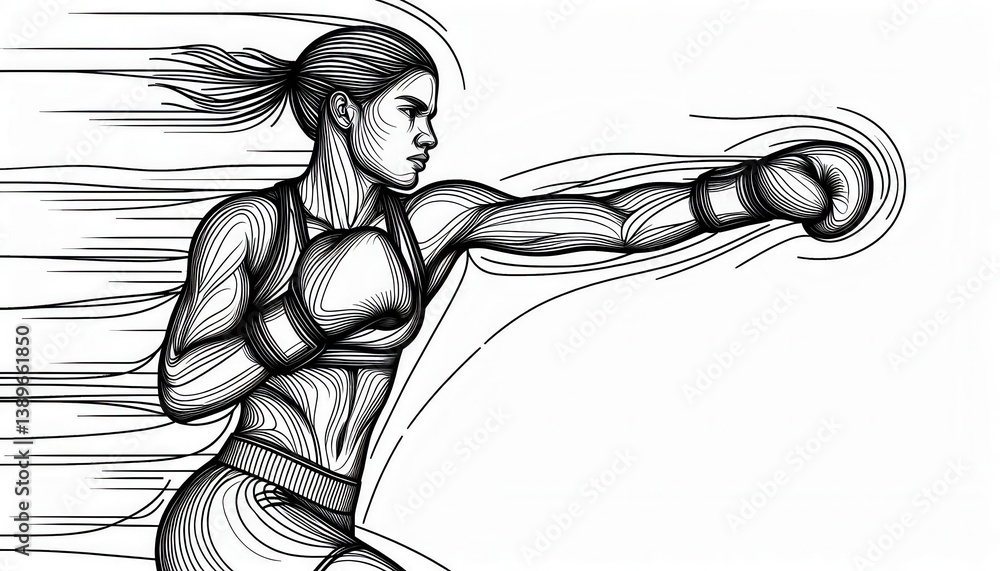 Fototapeta premium Powerful punch by a dynamic female boxer in urban gym setting - black and white illustration