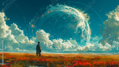 Futuristic Man Standing in a Field Gazing at Planet with Giant Rings, Sci-Fi Digital Art, Sunrise, Contemplative Mood, Nature and Technology Fusion, Cosmic Landscape, Wanderlust
