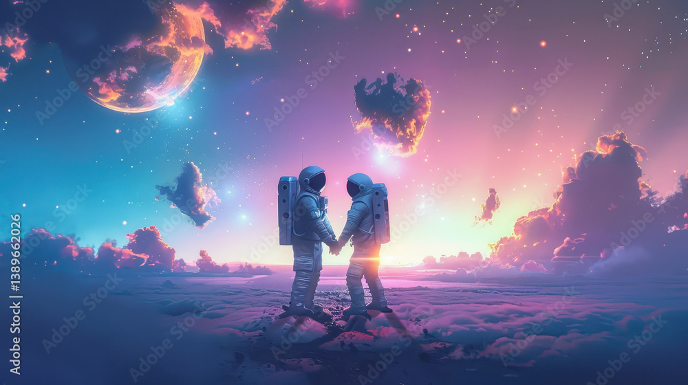 Astronaut Couple Holding Hands in Space under Twilight Sky, Romantic Connection in Futuristic Cosmic Setting, Digital Art Illustration Astronaut Couple Holding Hands in Space under Twilight Sky, Romantic Connection in Futuristic Cosmic Setting, Digital Art Illustration