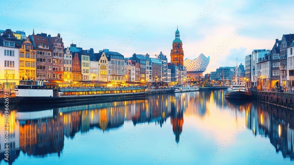 Fototapeta premium Colorful Cityscape Reflection at Dusk with Historic Buildings