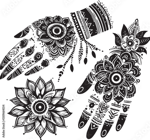 Black and White Mehndi Design Vector | Intricate Henna Art Illustration