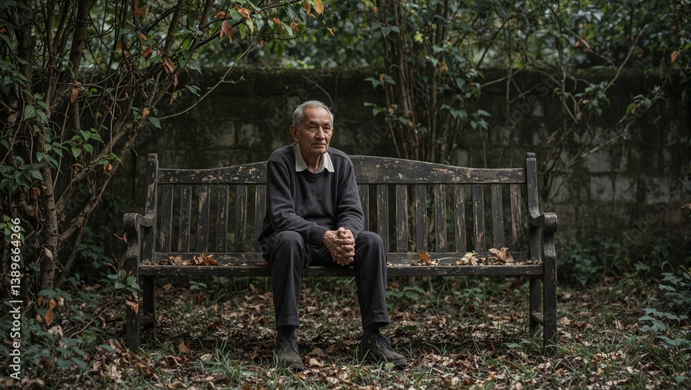 Fototapeta premium A poignant image of a senior man on a weathered bench in a neglected garden surrounded by overgrown vines and fallen leaves capturing solitude and reflection
