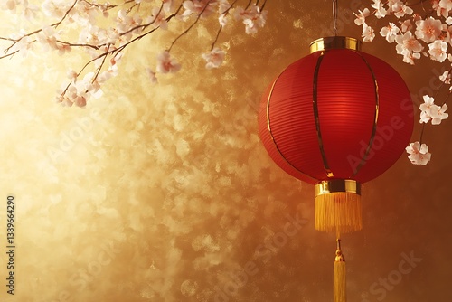 A red lantern and flowering branches against a golden background