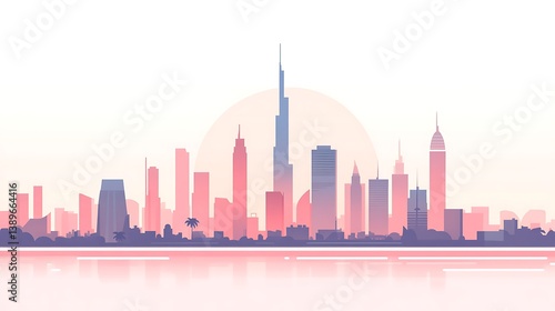 Dubai skyline at sunset, minimalist illustration.