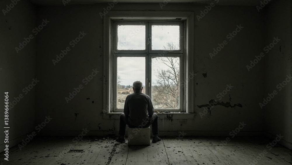 An elderly man gazes out a dusty window in an abandoned house capturing solitude and decay in a desolate landscape An elderly man gazes out a dusty window in an abandoned house capturing solitude and decay in a desolate landscape