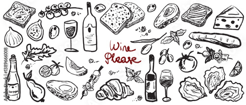 Wine time. Wine bottle with glass of red wine with french cuisine snacks for lunch in brush stroke texture isolated on white background. Hand drawn vector sketch illustration in vintage charcoal ink