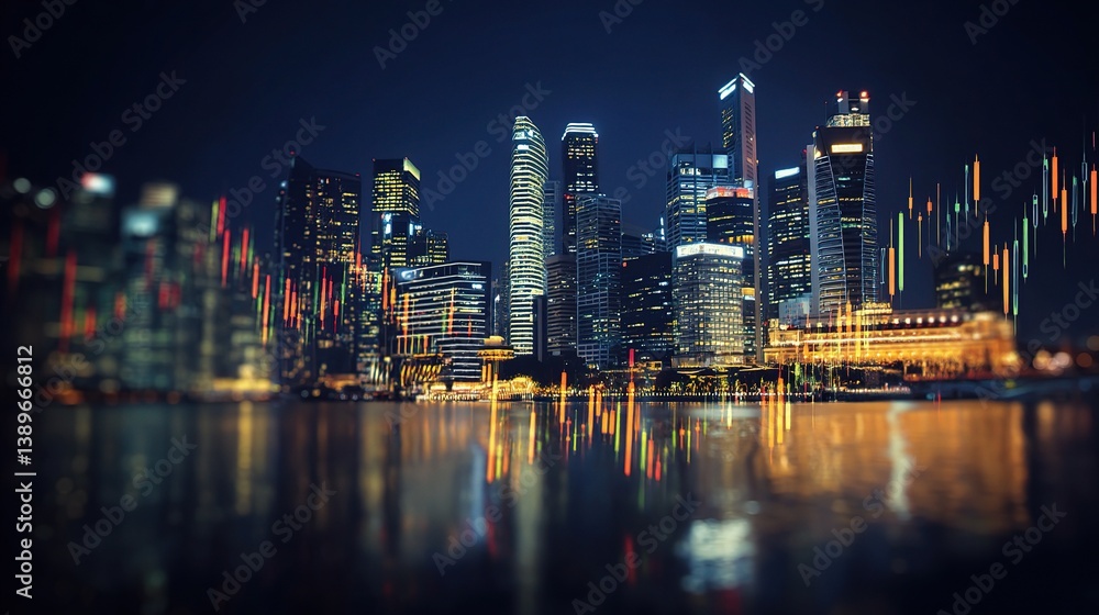 Fototapeta premium Nighttime Cityscape of Singapore with Trading Graph Overlay