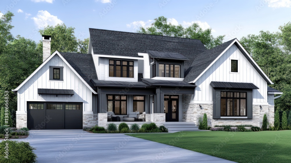 Modern Farmhouse Exterior; Spacious Front View; Ideal Home Design; Possible Use Real Estate, Architectural Showcase Modern Farmhouse Exterior; Spacious Front View; Ideal Home Design; Possible Use Real Estate, Architectural Showcase
