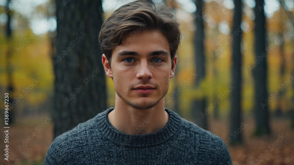 A man stands alone in a dense forest, looking directly at the camera