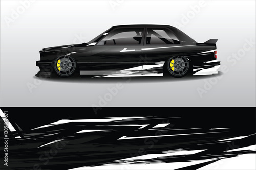 Sleek black sports car with dynamic graphic design, showcasing speed and style against a minimalist background