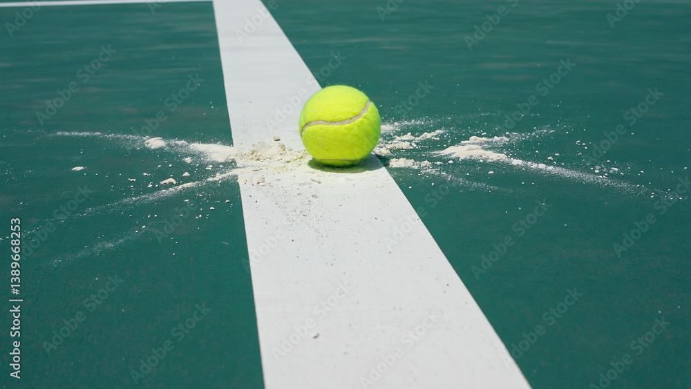 A tennis ball sits on a tennis court with white lines, ready for a game