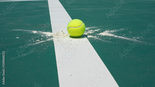 Obraz na płótnie A tennis ball sits on a tennis court with white lines, ready for a game w salonie