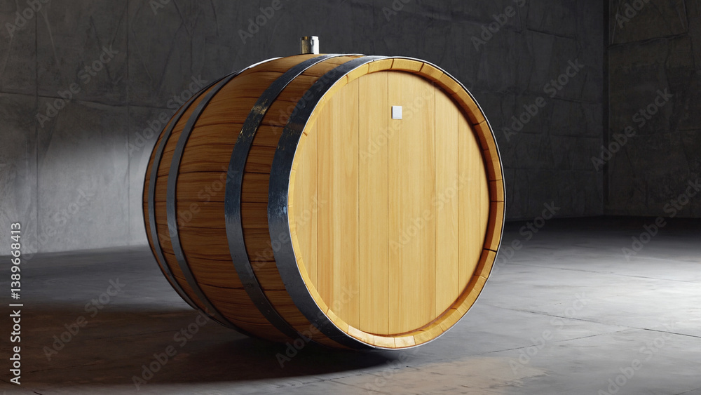 A wooden barrel resting on the floor with no lid, suitable for various settings such as rustic or vintage-themed scenarios