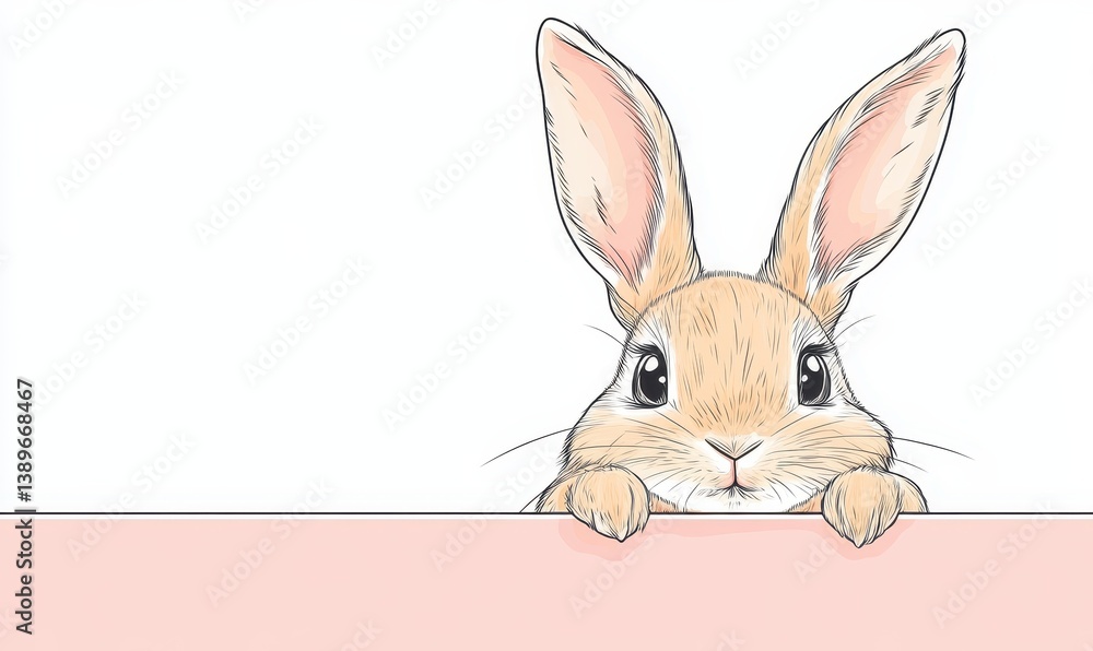 Fototapeta premium Cute cartoon rabbit peeking over a white surface with big expressive eyes and long ears