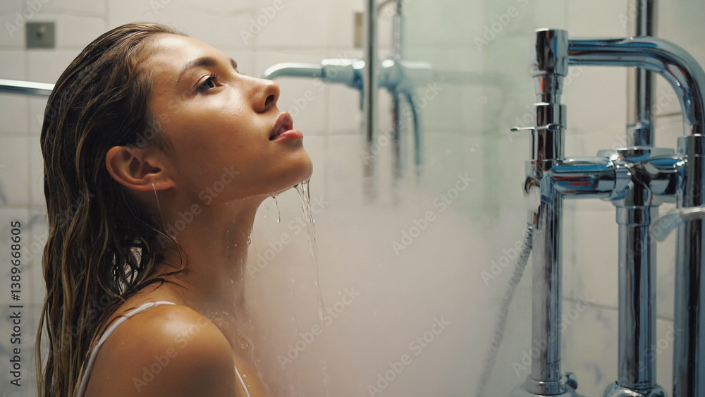 A person washing themselves in a bathroom setting