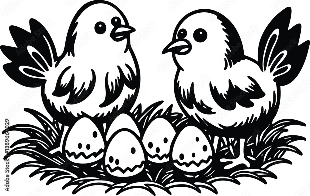 black and white birds and Eggs in a Nest vector black and white birds and Eggs in a Nest vector