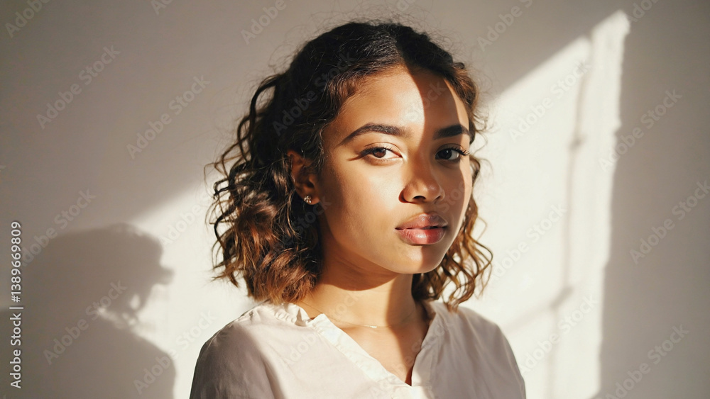 Portrait of a woman with curly hair wearing a white shirt, suitable for editorial or commercial use