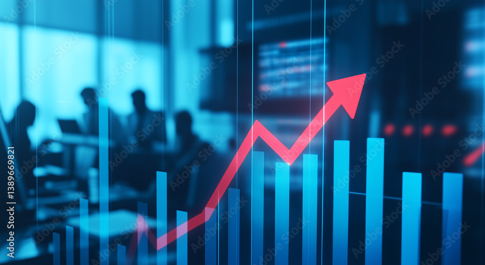 A glowing red arrow pointing upward on a blue bar graph illustrating business growth, set against an office background. A glowing red arrow pointing upward on a blue bar graph illustrating business growth, set against an office background.