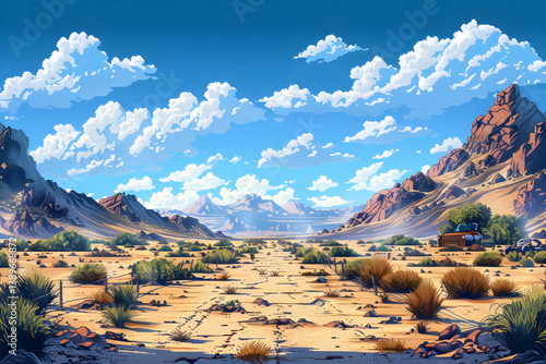 Vibrant Desert Landscape with Towering Mountains Under a Bright Blue Sky Dominated by Fluffy White Clouds in a Pixel Art Style