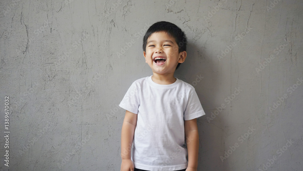 A young boy standing in front of a gray wall, ideal for use in editorial or advertising content