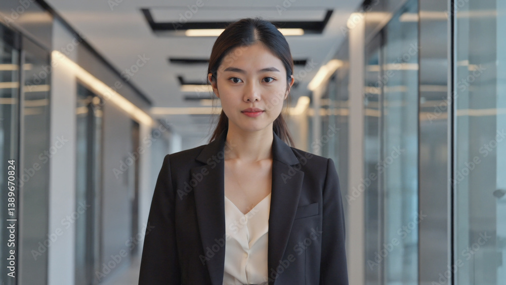 A professional woman stands in a corporate hallway