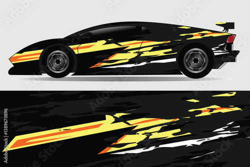 Sleek black sports car with dynamic yellow and white racing stripes on a minimalist background