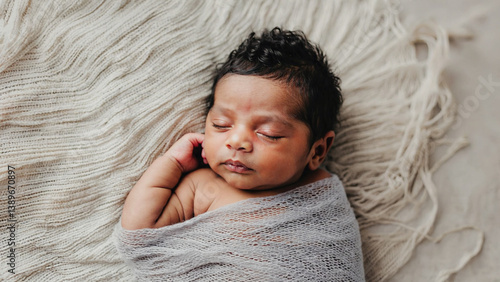 Obraz na płótnie A baby is peacefully sleeping wrapped in a blanket on another blanket w salonie