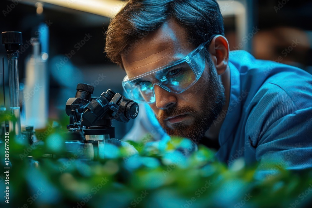 Focused scientist examining plant samples under a microscope in a laboratory setting Focused scientist examining plant samples under a microscope in a laboratory setting