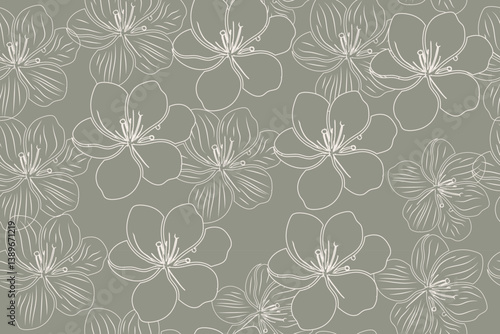Hand-Drawn Floral Pattern in Soft Sage Green and White Elegant Botanical Seamless Design