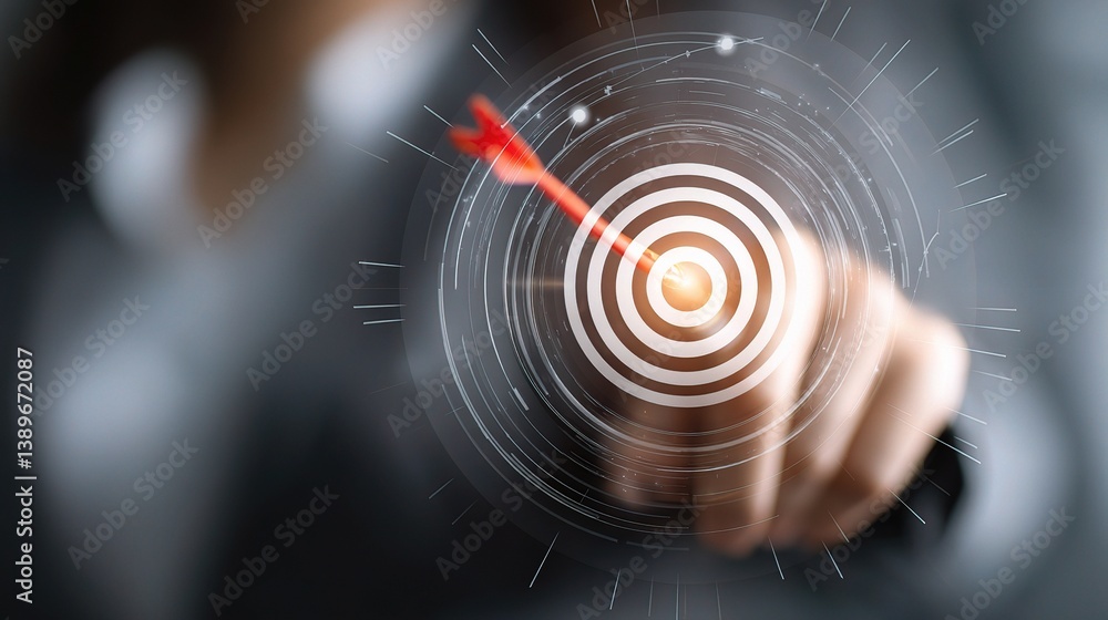 Fototapeta premium Businesswoman Aiming Arrow at Target in Digital Environment