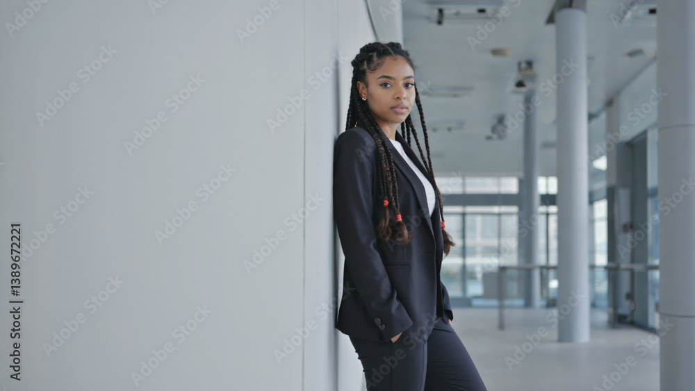 A woman leans against the wall of a building, casual and relaxed