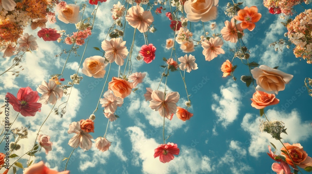 Colorful Floral Display Against a Blue Sky with Fluffy Clouds in a Vibrant Nature Scene