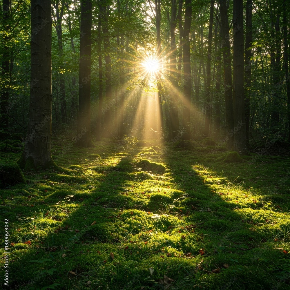 Obraz premium Morning light streaming through a thick forest canopy, painting golden patterns on the mossy forest floor below.