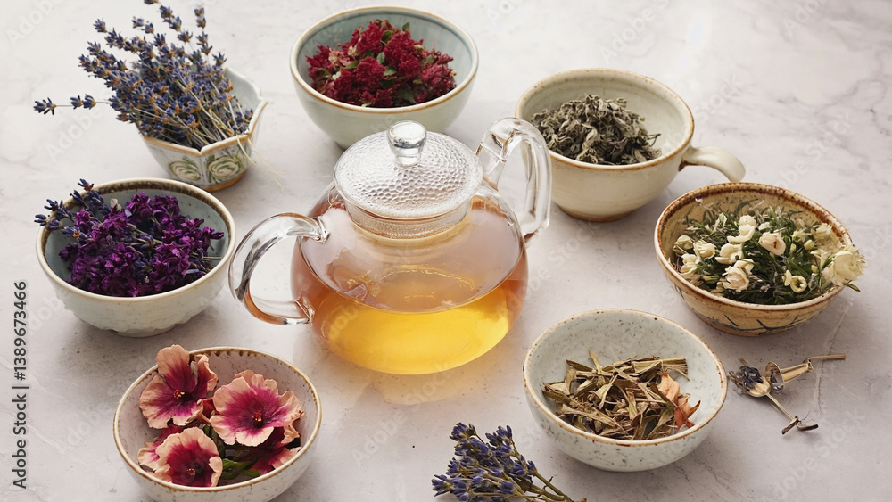 A colorful arrangement of various flower bowls with a teapot in the center