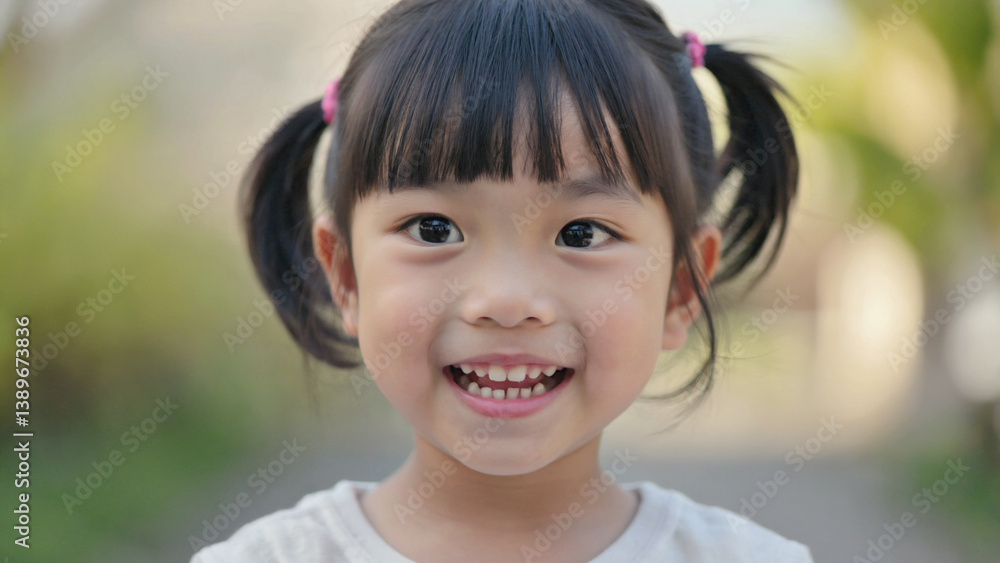 A young girl with a big smile on her happy face, suitable for use in children's illustrations or as a symbol of joy