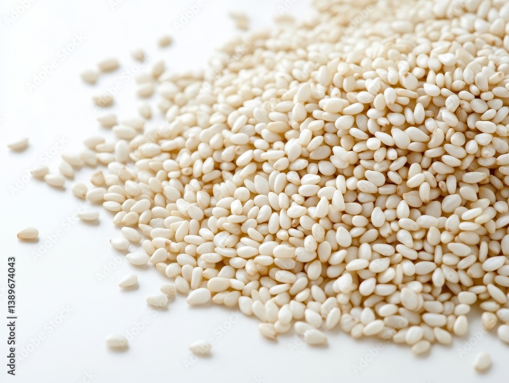 Organic White Sesame Seeds Scattered in Artistic Arrangement on Clean Background with Detailed Texture and Individual Seed Definition, Culinary Ingredient Photography for Healthy Food Concepts Organic White Sesame Seeds Scattered in Artistic Arrangement on Clean Background with Detailed Texture and Individual Seed Definition, Culinary Ingredient Photography for Healthy Food Concepts