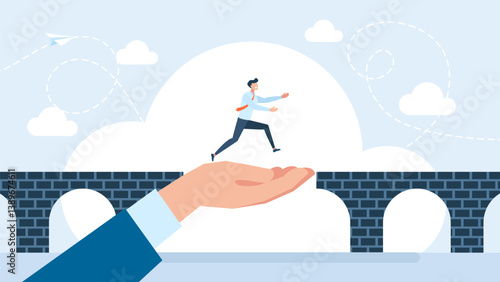 Solve business problem. Connect the bridge to help and support man to success, solution or assistance concept, hand help connect missing piece as the bridge for man to cross gap. Vector illustration