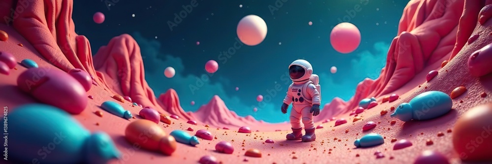 Naklejka premium Colorful space adventure scene with clay astronauts, alien landscapes, and bizarre creatures, modeling, adventure