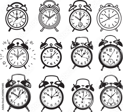 alarm clock icon linear black on white background